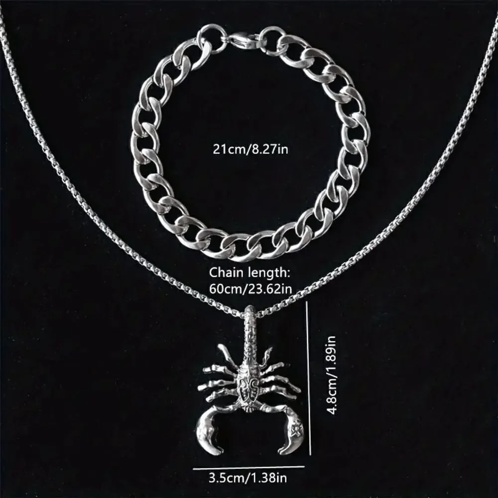 Stainless Steel Scorpion Pendant Necklace & Bracelet Set